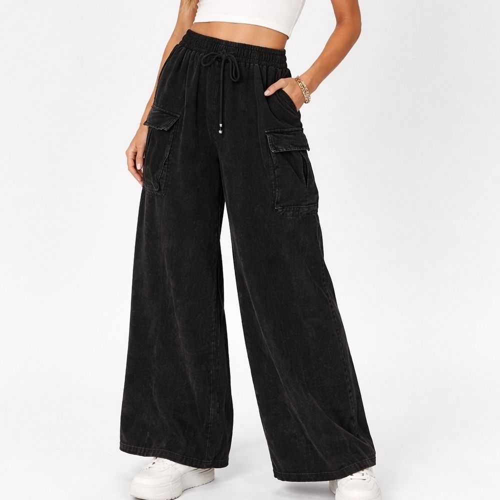 Estelle Ultra Wide Leg Cargo Pants Black Mineral Wash Y2K Streetwear Lounge SM